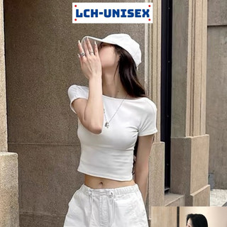 Áo thun tay ngắn trễ vai basic Lch áo croptop hở lưng sexy crt tôm body tôn dáng vải thun mềm mịn
