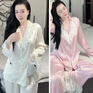 Đồ Bộ Mặc Nhà Cổ Bèo Ren Họa Tiết Trơn Chất Liệu Lụa Latin Mềm Mịn Free Size 40-58kg