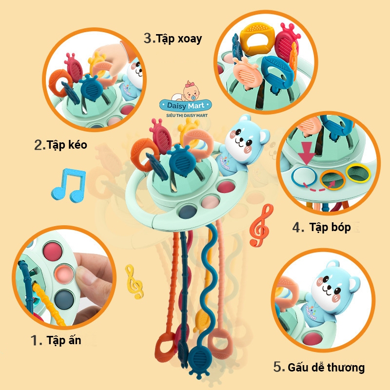 Đĩa bay bận rộn rút dây 5 trong 1 - bản cao cấp, đồ chơi rút dây gặm nướu kèm Gấu lục lạc, Củ cà rốt bận rộn