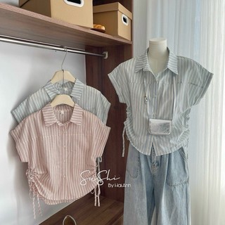 Áo sơ mi nữ kẻ sọc rút dây 2 bên eo , áo sơ mi nữ tay ngắn kiểu phong cách retro hàn quốc xoaistore (A144)