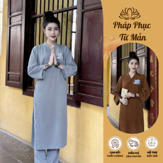 Áo tràng đi chùa thêu hoa sen kèm quần lụa trượt Quần áo phật tử truyền thống Set bộ áo tràng nữ dáng dài đi tu tập