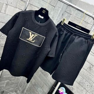 Bộ quần áo hè nam vân nổi cao cấp lv đen.bộ thể thao nam ngắn tay xốp