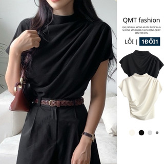 Áo Cộc Tay Nhún Xếp Ly Vai Cổ Thuyền Dáng Ngắn Hàn Quốc Phong Cách Sang Chảnh Chất Vải Thun Cotton mịn độ đàn hồi cao