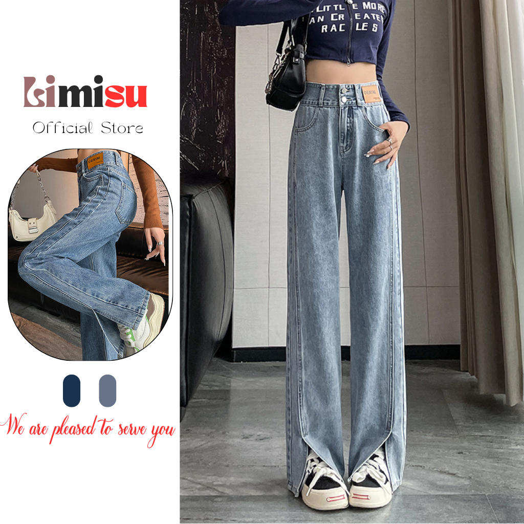 Quần Jean Ống Suông Rộng Xẻ Gấu LIMISU Quần Bò Nữ Dài Ống Cạp Cao 2 Cúc Ôm Eo XG2