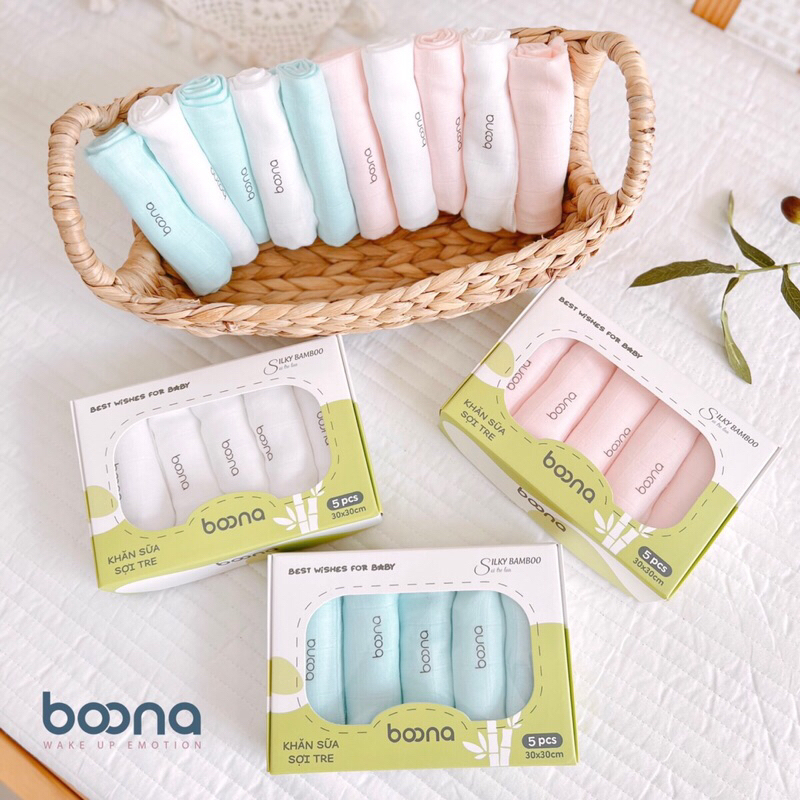 Hộp 5 Khăn sữa cho bé sơ sinh - chất sợi tre lụa mềm mịn 2 lớp hãng BOONA