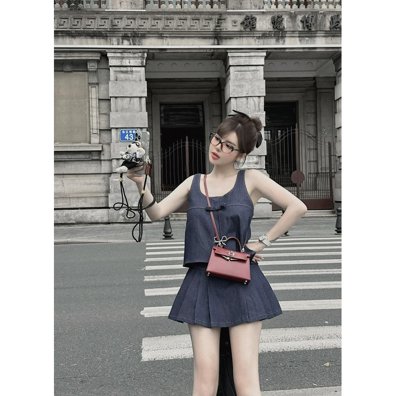 Set Denim Nơ Váy Ly MPB