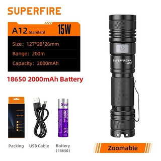Đèn pin siêu sáng superfire a12 công suất 15w | zoom thu phóng | hộp kim nhôm | pin rời sạc lại, dễ nâng cấp thay thế