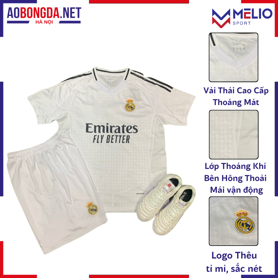 Bộ Quần Áo Đá Bóng Thái Lan Câu Lạc Bộ Real Marid Mùa 24-25, Áo Đá Banh Chất Liệu Vải Thái Cao Cấp
