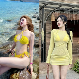 Set bikini vàng chanh kèm váy mặc được 2 kiểu S35