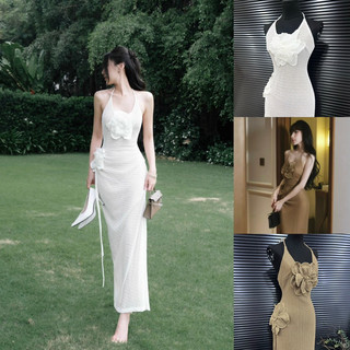 [Hoả Tốc-Ảnh Thật] Đầm cổ yếm ôm maxi kết hoa chất liệu len nữ tính quyến rũ thanh lịch sang chảnh