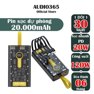 Sạc dự phòng trong suốt 20.000mah công suất 120w, 2 cổng sạc nhanh 22,5w và cổng type-c 20w, kèm 4 đầu sạc