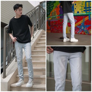 Quần jean xước rách nhẹ co giãn tốt màu xanh nhạt bạc mài xước chất bò dáng ôm slimfit skinny 01 02 Pon.mens