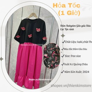 Đầm Váy babydon nữ hai tầng fom rộng dể thương gắn Kèm gấu Dâu Nôi