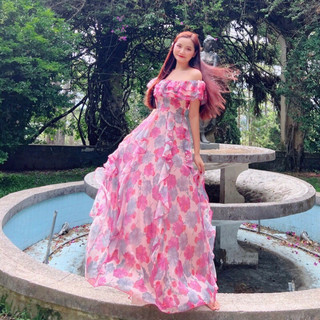HOANGYEN Đầm maxi tơ hoa trễ vai chân váy phối bèo