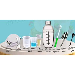 Combo 9 món dụng cụ pha chế cơ bản trà chanh trà sữa cafe .cân tiểu ly b05 bình lắc 530ml, xúc đá,sục bọt Cafe nhựa,