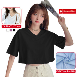 Áo Thun Trơn Cổ Tim Form Rộng Nữ Ngắn Tay Form Croptop Madela, Áo Croptop Ngắn Tay Cổ V Form Rộng Nữ
