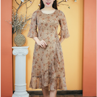 Đầm form A trung niên Cổ tròn tay chuông màu Nâu hoa TTV Store thời trang nữ TTV1627