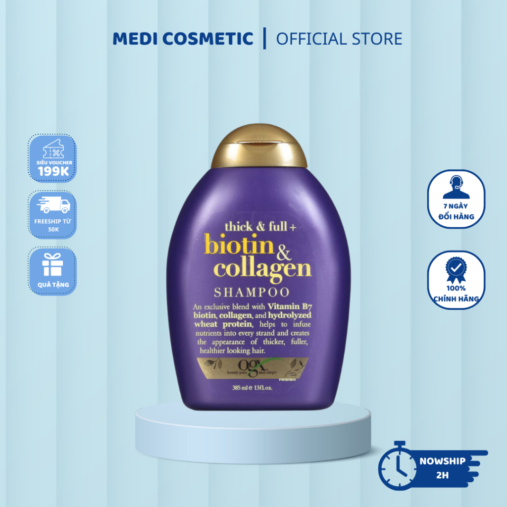 Dầu Gội Đầu Làm Dày Tóc, Dưỡng Tóc Bồng Bềnh Chắc Khoẻ OGX Thick & Full + Biotin & Collagen Shampoo 