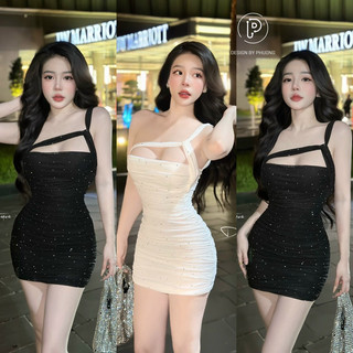 Đầm body lệch vai lưới đá nhún siêu đẹp tôn dáng sang chảnh