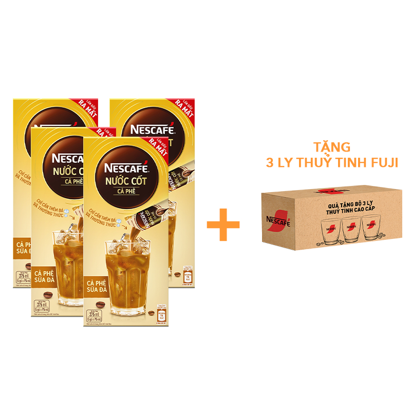 [TẶNG 3 LY THUỶ TINH FUJI] Combo 4 hộp nước cốt cà phê NESCAFÉ - CÀ PHÊ SỮA ĐÁ (4 hộp x 5 gói)