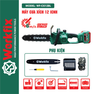 [TẶNG XÍCH DỰ PHÒNG] Máy Cưa Xích Pin 12 inch WORKFIX - 100% Lõi Đồng - Chân Pin Phổ Thông - Cưa Gỗ, Cắt Cây,...