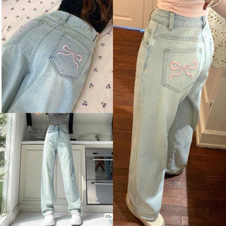 Quần jeans suông ONKIM thêu nơ hồng túi sau lưng cao hack dáng chuẩn phom Hàn Quốc