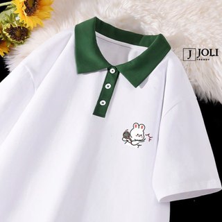 Áo Polo Nữ, Polo Unisex By JOLI Mã PL Aó Đôi Gấu Thỏ Mini In Hình Form Rộng Tay Lỡ Cho Nam Nữ
