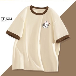 Áo Thun Bo Viền Tay, Áo Phông Nam Nữ Unisex Tay Lỡ By JOLI Mã Aó Đôi In Hình Gấu Thỏ Mini Chất Cotton Form Rộng Phong Cá