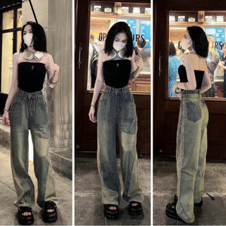 Quần jeans suông ONKIM túi gối pha màu lưng cao phong cách hiện đại