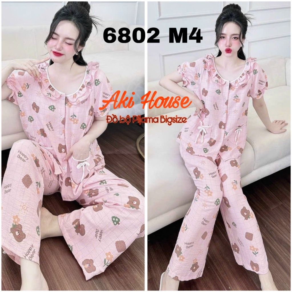 [Bigsize 5O-100kg] Đồ bộ nữ mặc nhà pijama bigsize quần dài cổ tròn chất cotton hàn - Aki House Pija