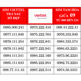 Sim trả sau viettel 09 số đẹp tam hoa giữa 222, 111, 000, 333 giá rẻ mới nhất