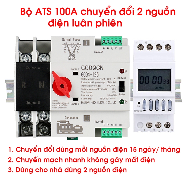 COMBO Bộ chuyền đổi 2 nguồn điện luân phiển theo tháng gồm ATS  2P 100A GCQ4-125A không gây mất điện