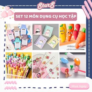 Set 12 Món Đồ Dụng Cụ Học Tập Cho Bé Nam Và Bé Nữ Gồm Bút Chì + Tẩy + Thước Kẻ + Gọt Bút Chì