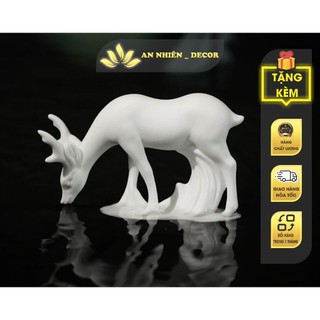 Tượng hươu gốm trắng tài lộc - tượng gốm trang trí, gốm sứ sần trắng cao cấp