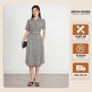 Đầm Suông Công Sở MICHI House Váy Xuông Cổ Sơ Mi Kẻ Sọc Đen Dáng Dài Tặng Kèm Đai Váy Bigsize V736
