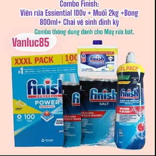 Combo Viên rửa bát Finish Essiential 100v + Muối 2.0kg + Bóng 800ml + Chai vệ sinh định kỳ