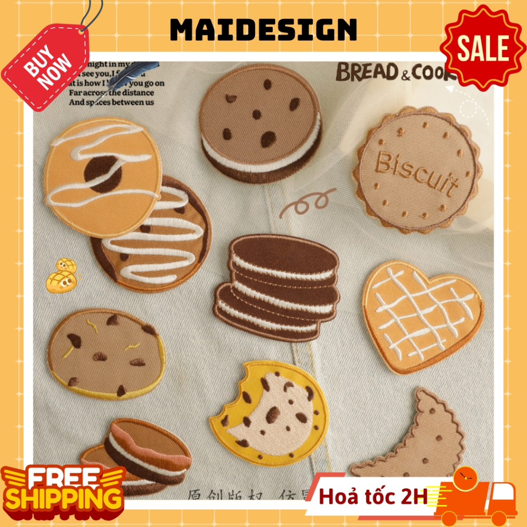 Patch ủi quần áo hình thêu vải dán balo túi mũ giày dép Bánh Qui Cookie Biscuit Chocolate Chip Maide