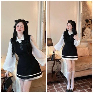 Váy đầm nữ sơ mi tiểu thư dáng xòe tay bồng cổ bẻ phối thiết kế trẻ trung phù hợp mặc đi học đi làm