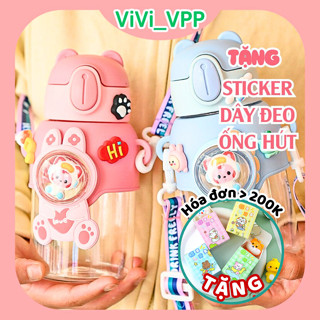 Bình nước cho bé đi học, sẵn ống hút, chống đổ có dây đeo tiện lợi