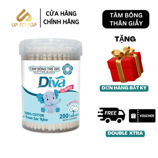 Tăm bông thân giấy Diva Baby hộp tròn dành cho Trẻ Sơ Sinh 100% Bông Tự Nhiên 200 cây