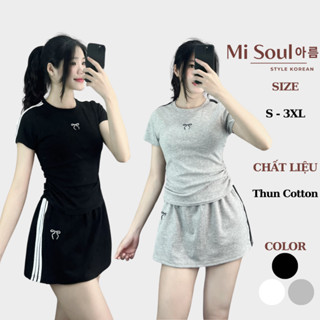  Set Thêu Nơ Sọc MiSoul  Thun Cotton Dúm Eo Chân Váy A Có Lót Trong BigSize Bộ Áo Váy Thêu Nơ 297 