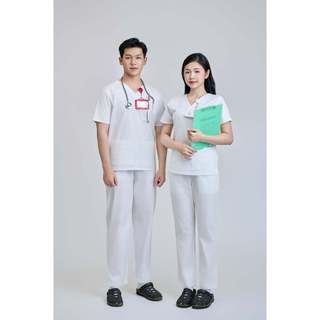 Bộ scrubs FMF nam/nữ cổ tim phòng mổ, đồng phục spa, phòng khám nhiều màu vải thoáng mát hút mồ hôi