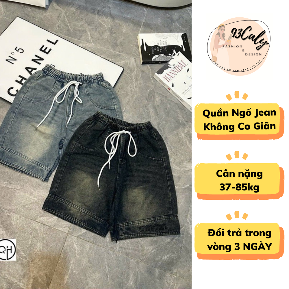 Quần Ngố Jean Nữ Cạp Chun Cạp Cao Xanh Nhạt Thêu Chữ Miu, quần bò nữ dáng lửng ngắn cạp chun