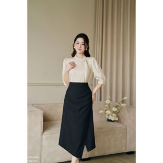 Chân váy nữ đáp tà nhún sườn vạt lệch dáng dài thanh lịch TIINSTORE CHD314