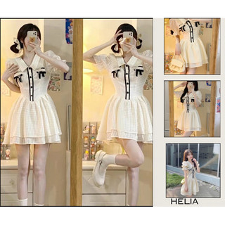 Helia Váy xốp trắng cổ bẻ phối túi nơ xoè tầng tay bồng kèm ảnh thật
