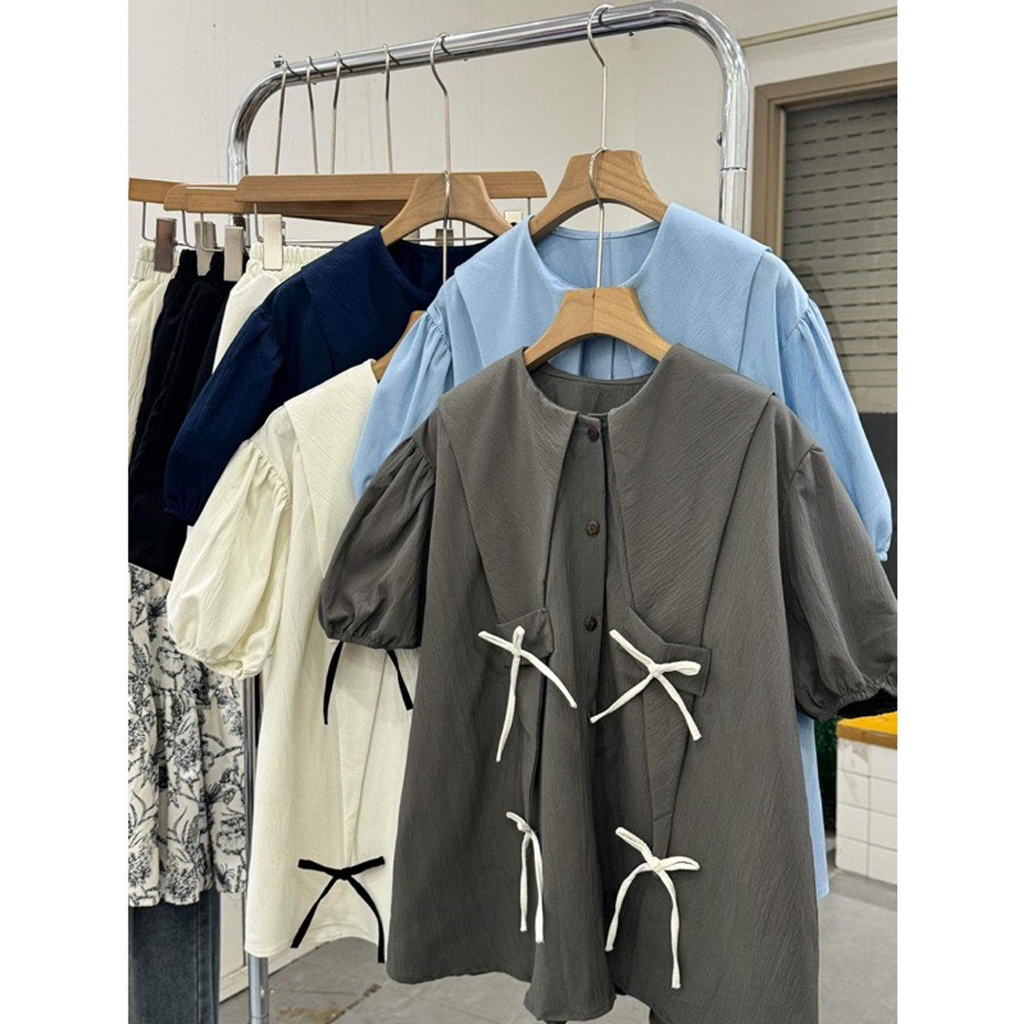 Áo sơ mi cổ thủy thủ vạt nhọn đính nơ Vintagevibes. Women Shirt