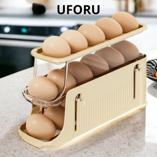 Khay đựng trứng lăn tự động ba tầng Uforu cao cấp, chất liệu nhựa PET màu kem sang trọng UF470
