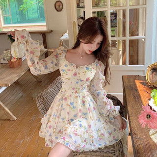 Đầm Voan Hoa Nhí Tay Dài Ulzzang Tà Xoè