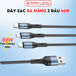 Dây sạc nhanh 3 đầu 66W dù siêu bền Basefast  sạc cùng lúc nhiều dòng máy samsung xiaomi oppo