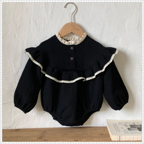 Bodysuit đen dài tay ren viền cho bé gái 1 tuổi chất liệu cotton thoáng mát mềm mịn